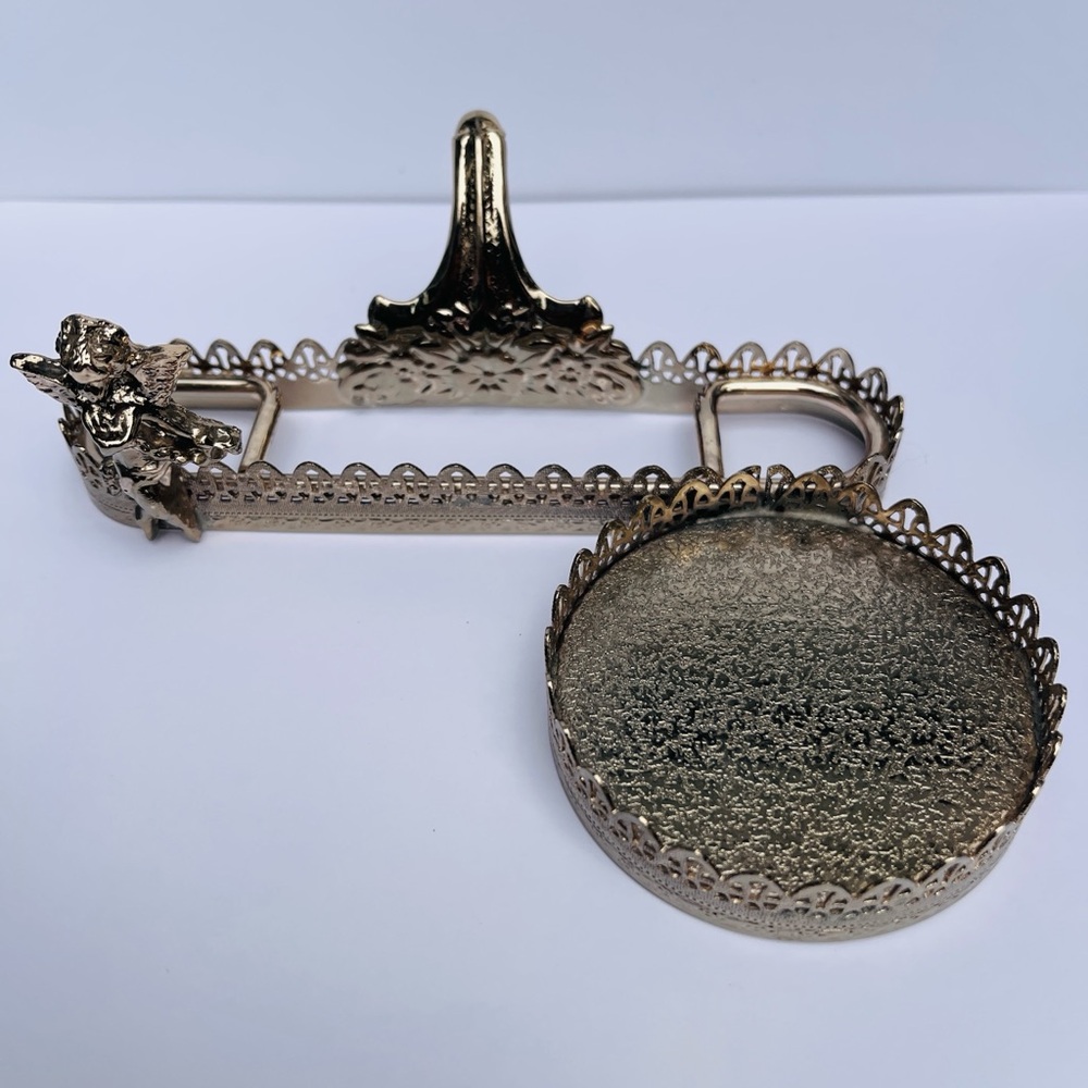 Vintage Engraved Brass Display Saucer Teacup holder cherub angel ornate